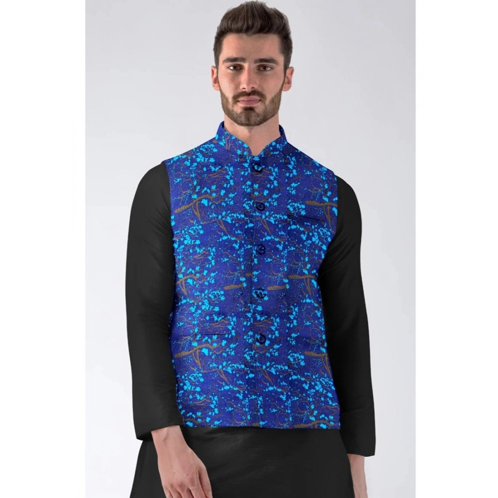 Amfyn Men's Jacquard Printed Full Sleeve Waistcoat (Blue)