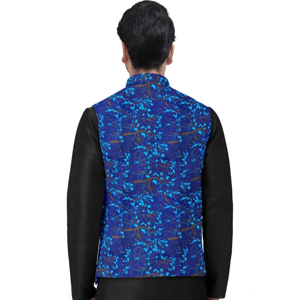 Amfyn Men's Jacquard Printed Full Sleeve Waistcoat (Blue)