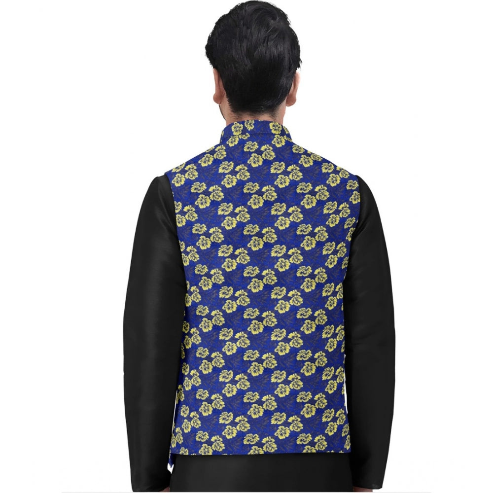 Amfyn Men's Jacquard Printed Full Sleeve Waistcoat (Blue)