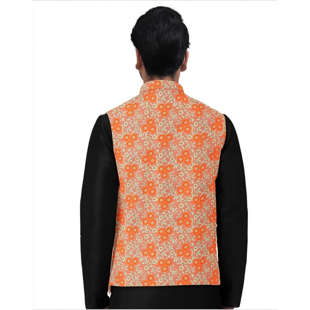 Amfyn Men's Jacquard Printed Full Sleeve Waistcoat (Orange)