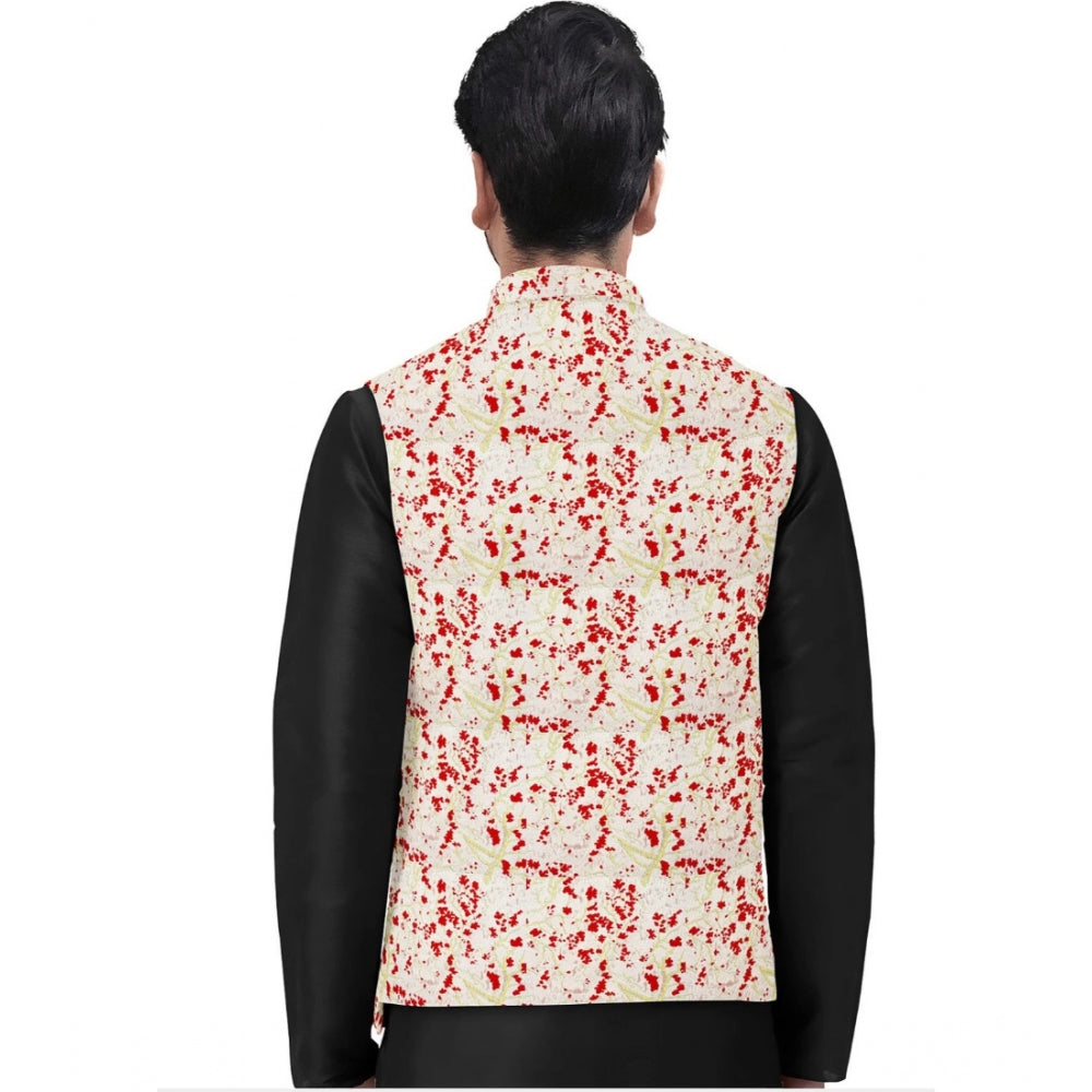 Amfyn Men's Jacquard Printed Full Sleeve Waistcoat (Red-Beige)