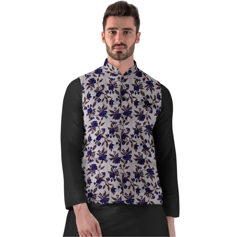 Amfyn Men's Jacquard Printed Full Sleeve Waistcoat (Blue)