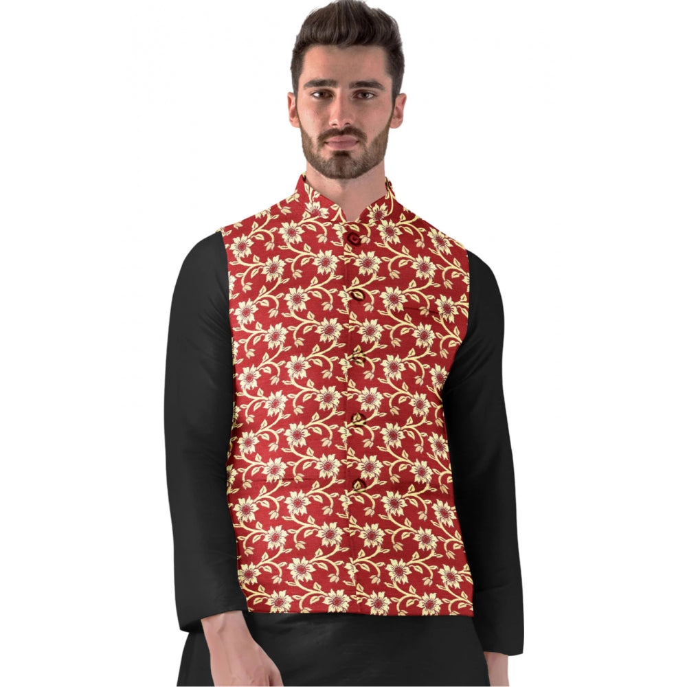 Amfyn Men's Jacquard Printed Full Sleeve Waistcoat (Red)