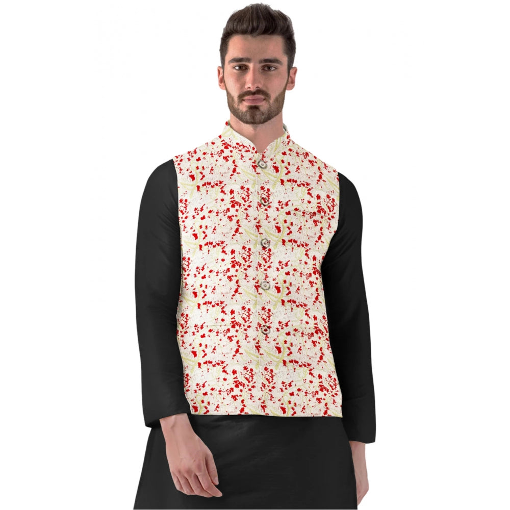 Amfyn Men's Jacquard Printed Full Sleeve Waistcoat (Red-Beige)