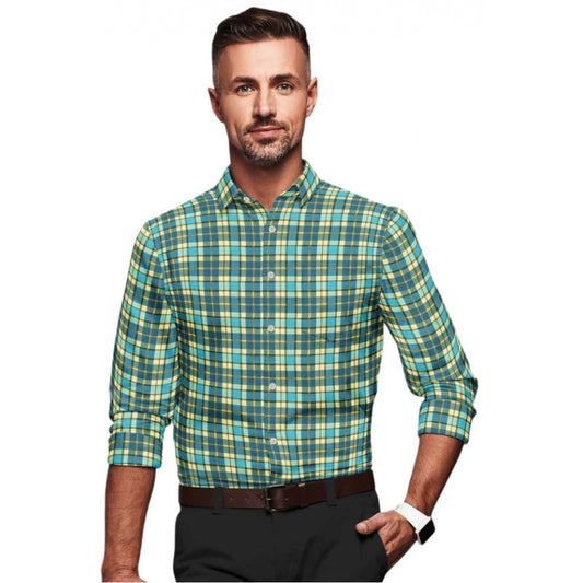 Amfyn Men's Cotton Blended Checked Full Sleeve Shirt (Green-Yellow)