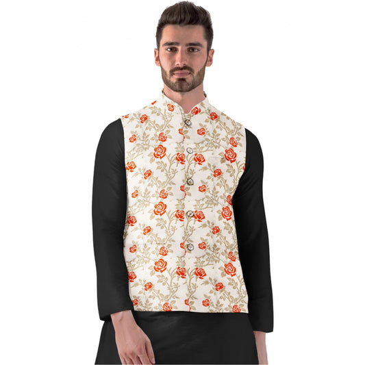 Amfyn Men's Jacquard Printed Full Sleeve Waistcoat (Orange-Beige)