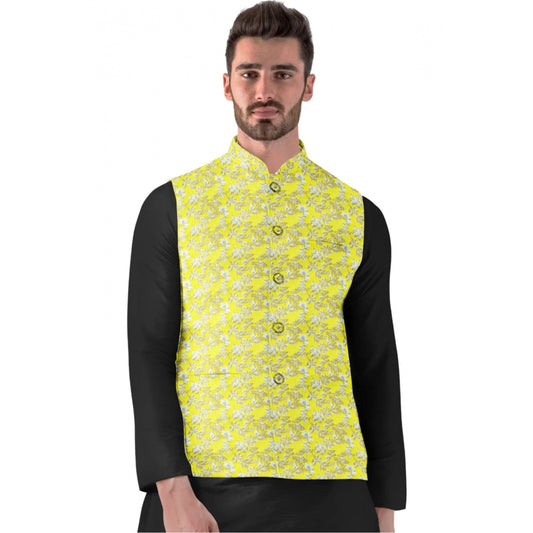 Amfyn Men's Jacquard Printed Full Sleeve Waistcoat (Yellow)