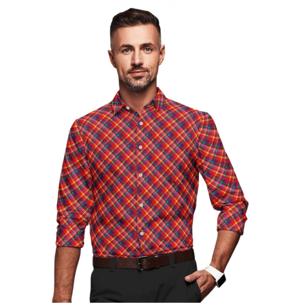 Amfyn Men's Cotton Blended Checked Full Sleeve Shirt (Red)