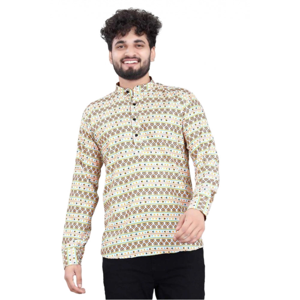 Amfyn Men's Cotton Blended Printed Full Sleeve Shortkurta (Multicolor)