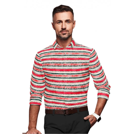 Amfyn Men's Cotton Blended Striped Full Sleeve Shirt (Red-White)