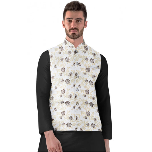 Amfyn Men's Jacquard Printed Full Sleeve Waistcoat (Beige)