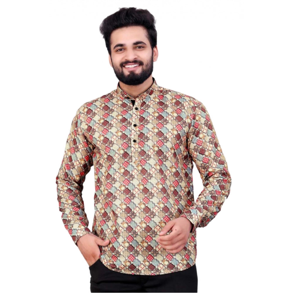 Amfyn Men's Cotton Blended Printed Full Sleeve Shortkurta (Multicolor)