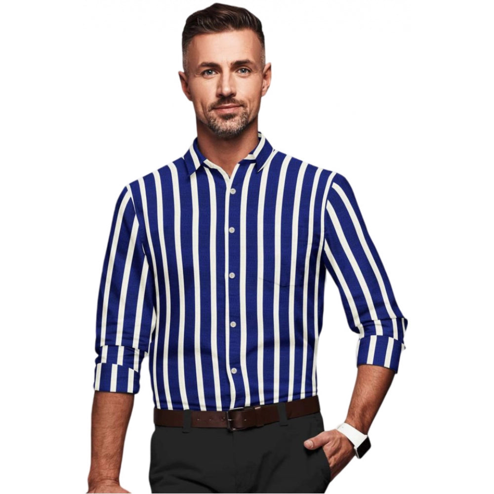 Amfyn Men's Cotton Blended Striped Full Sleeve Shirt (White-Blue)