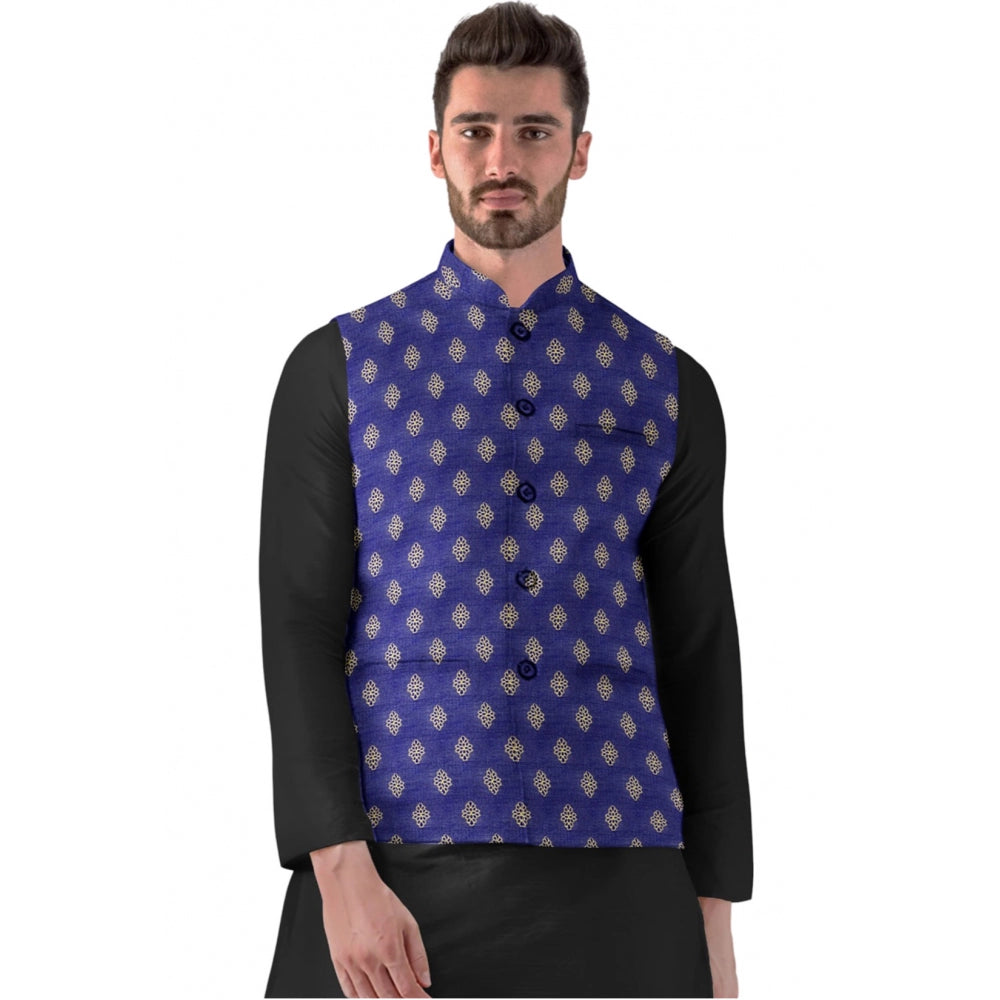 Amfyn Men's Jacquard Printed Full Sleeve Waistcoat (Blue)