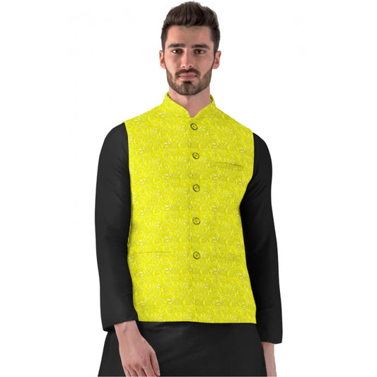 Amfyn Men's Jacquard Printed Full Sleeve Waistcoat (Yellow-Black)