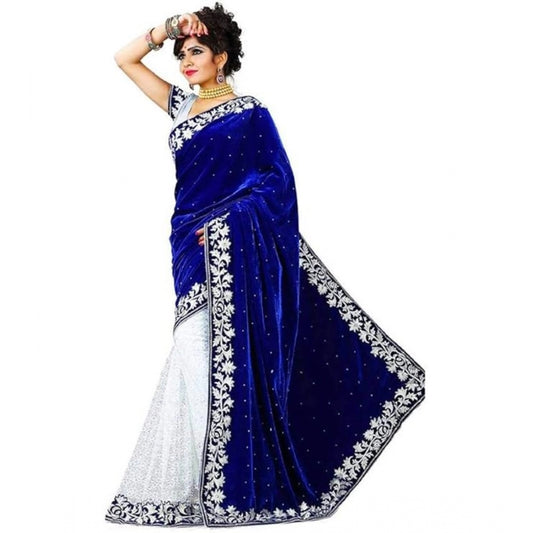 Amfyn Women's Velvet Embroidered Saree With Unstitched Blouse (Blue, 5.5 Mtr)