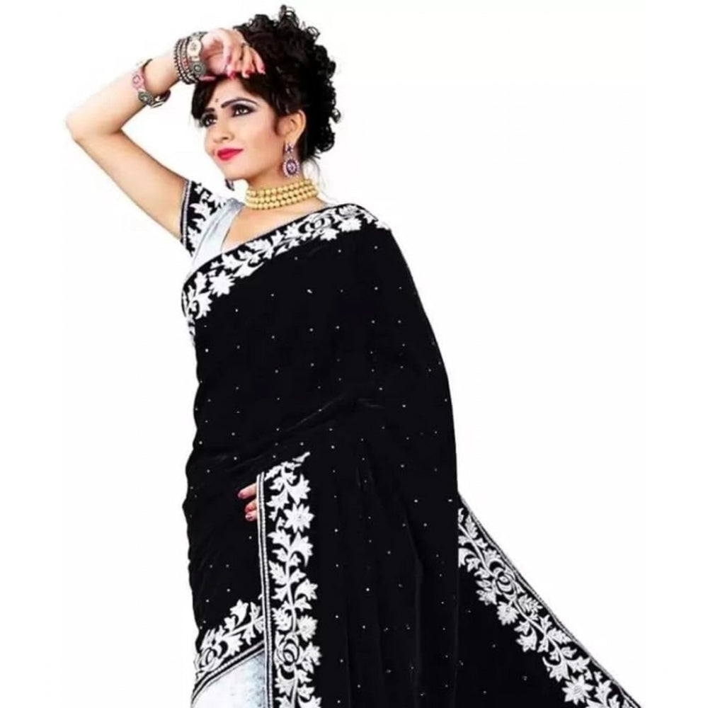 Amfyn Women's Velvet Embroidered Saree With Unstitched Blouse (Black, 5.5 Mtr)