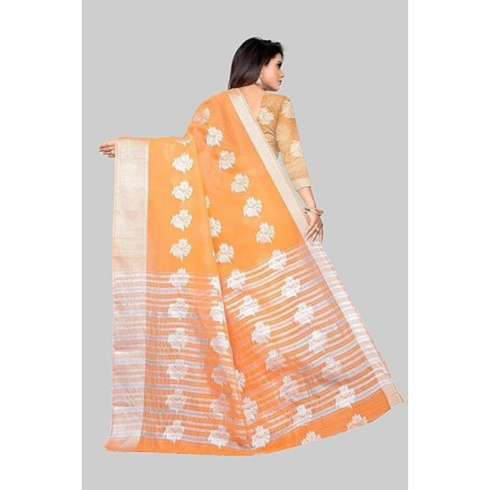 Amfyn Women's Cotton Silk Floral Saree With Unstitched Blouse (Orange, 5.5 Mtr)