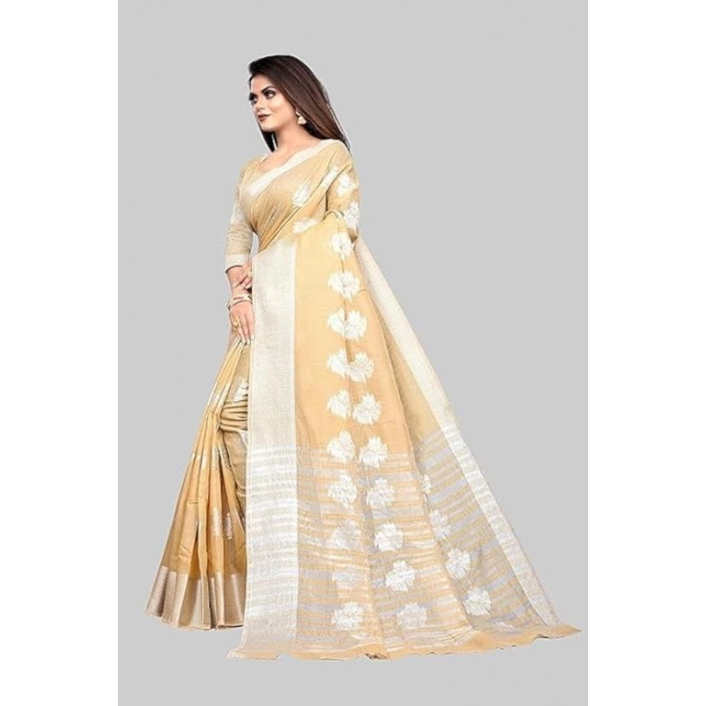 Amfyn Women's Cotton Silk Floral Saree With Unstitched Blouse (Beige, 5.5 Mtr)