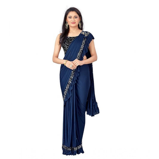 Amfyn Women's Lycra Solid Saree With Unstitched Blouse (Nay Blue, 5.5 Mtr)