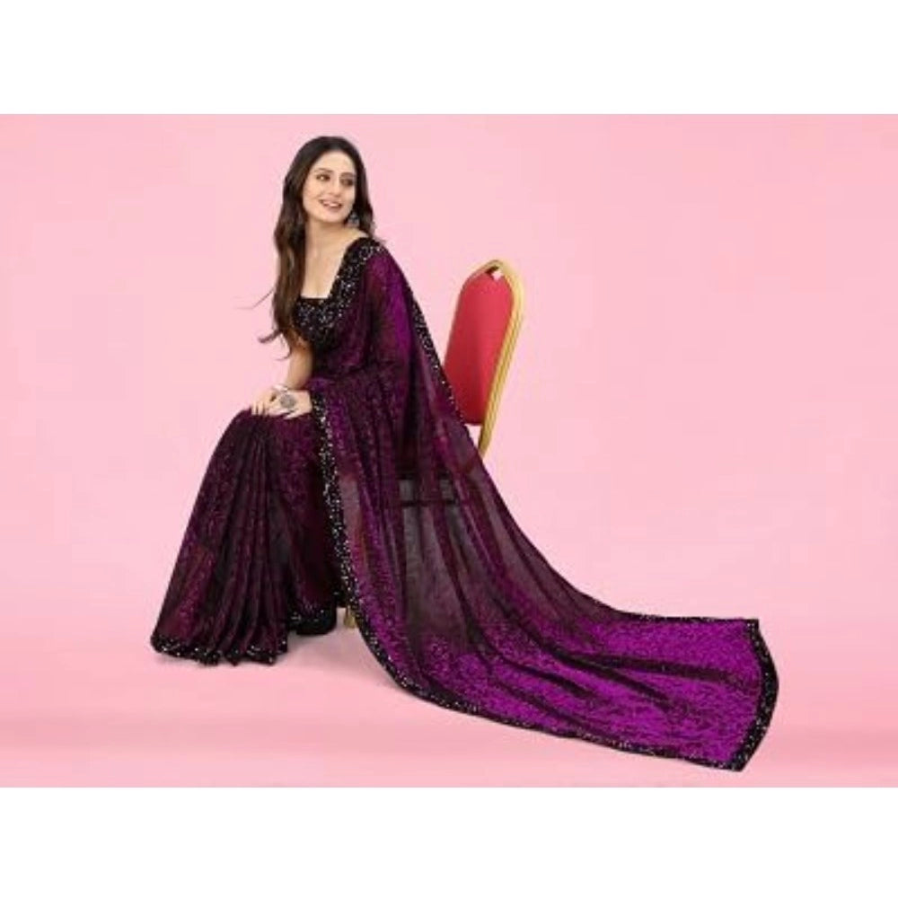 Amfyn Women's Lycra Floral Saree With Unstitched Blouse (Wine, 5.5 Mtr)