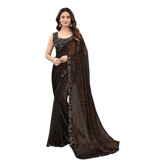 Amfyn Women's Lycra Floral Saree With Unstitched Blouse (Brown, 5.5 Mtr)