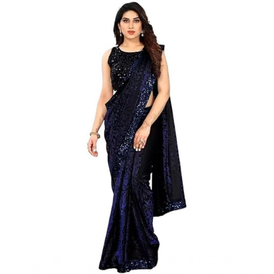 Amfyn Women's Lycra Floral Saree With Unstitched Blouse (Blue, 5.5 Mtr)