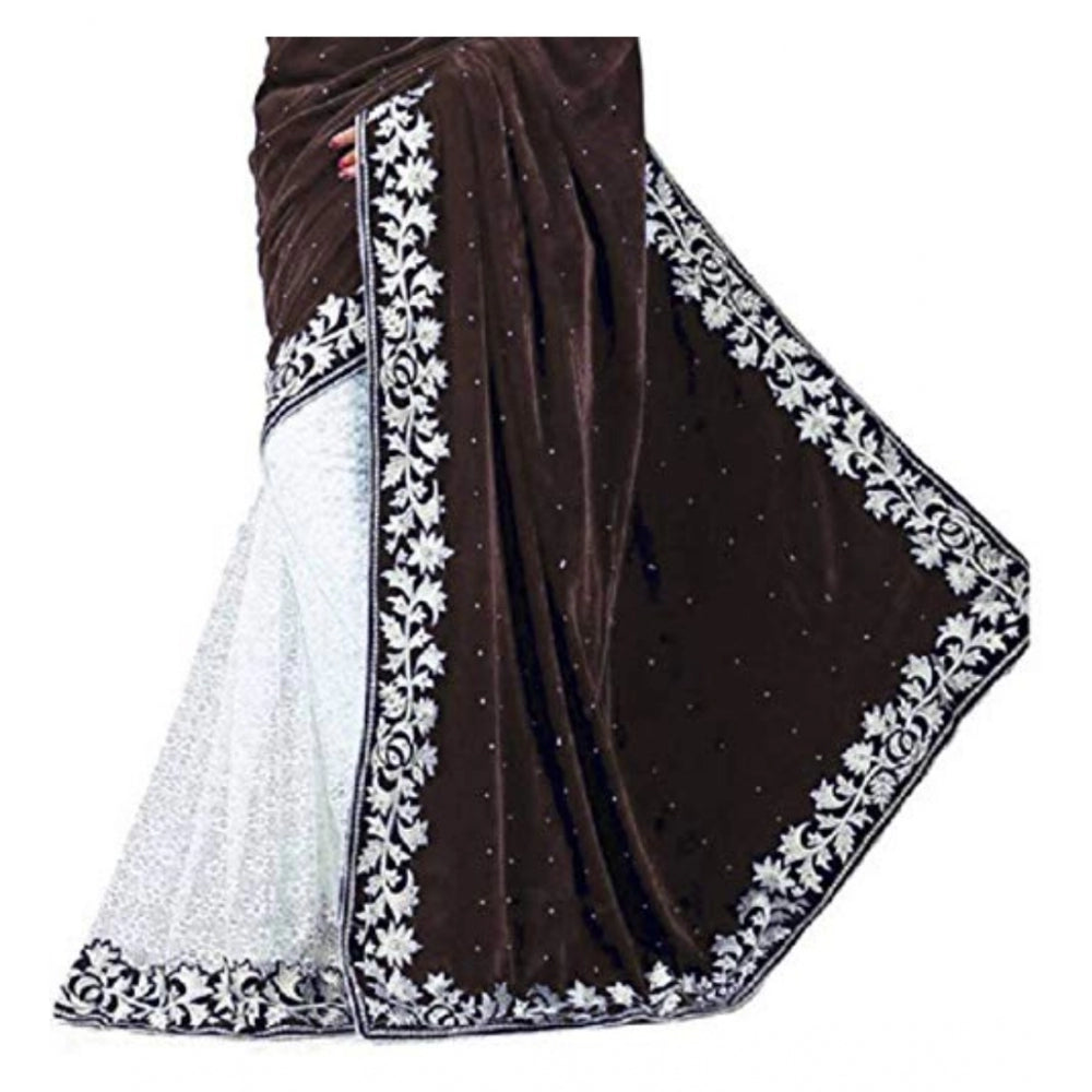 Amfyn Women's Velvet Embroidered Saree With Unstitched Blouse (Brown, 5.5 Mtr)