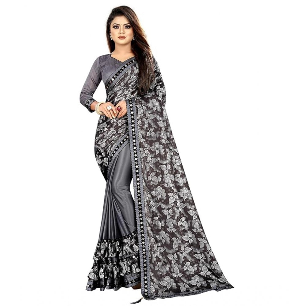 Amfyn Women's Lycra Solid Saree With Unstitched Blouse (Grey, 5.5 Mtr)