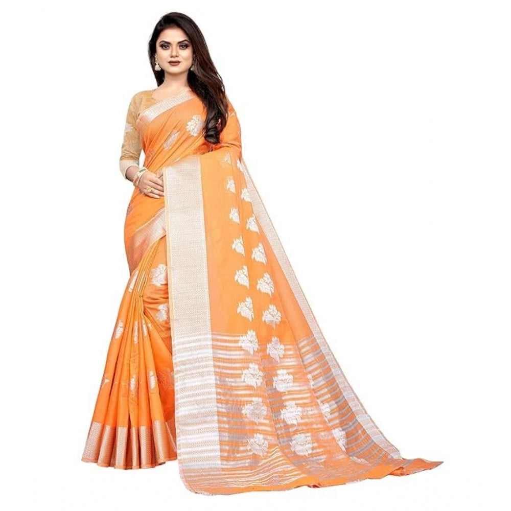 Amfyn Women's Cotton Silk Floral Saree With Unstitched Blouse (Orange, 5.5 Mtr)