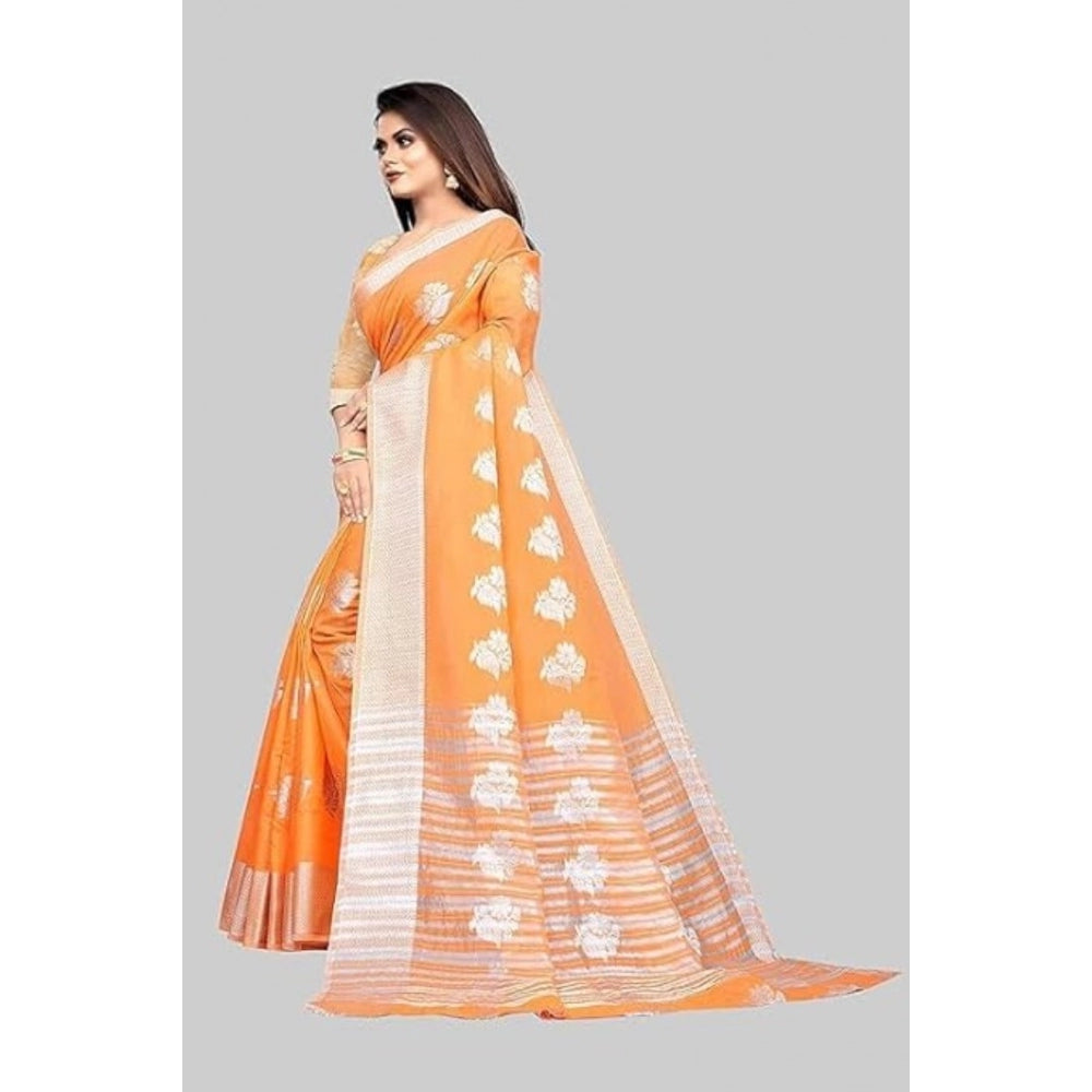 Amfyn Women's Cotton Silk Floral Saree With Unstitched Blouse (Orange, 5.5 Mtr)