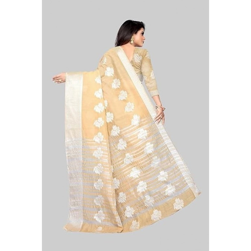 Amfyn Women's Cotton Silk Floral Saree With Unstitched Blouse (Beige, 5.5 Mtr)