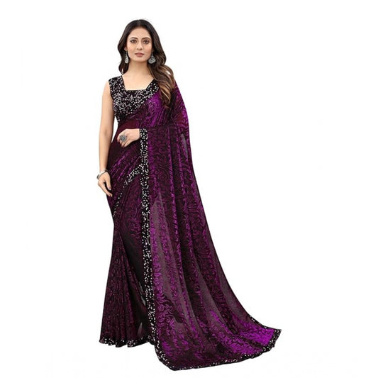 Amfyn Women's Lycra Floral Saree With Unstitched Blouse (Wine, 5.5 Mtr)