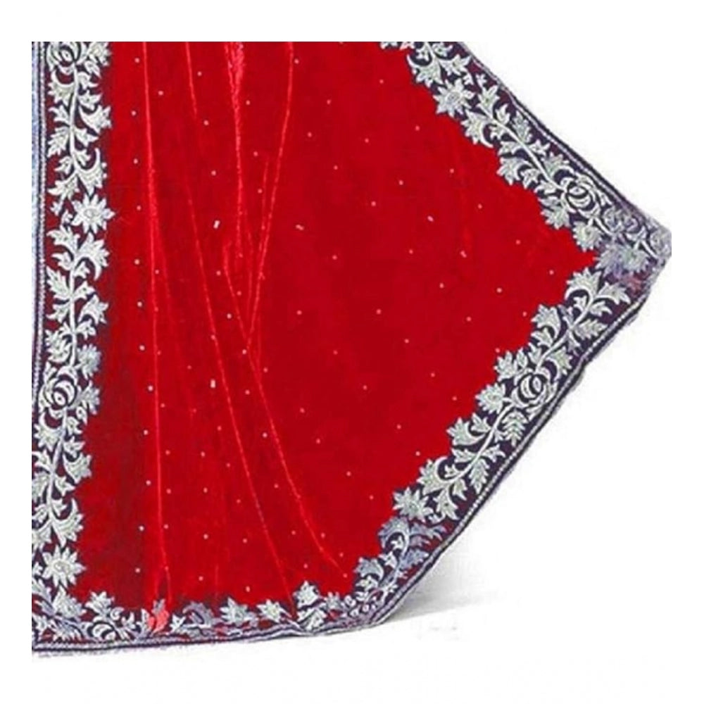 Amfyn Women's Velvet Embroidered Saree With Unstitched Blouse (Red, 5.5 Mtr)