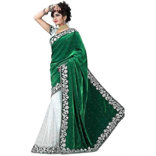 Amfyn Women's Velvet Embroidered Saree With Unstitched Blouse (Green, 5.5 Mtr)