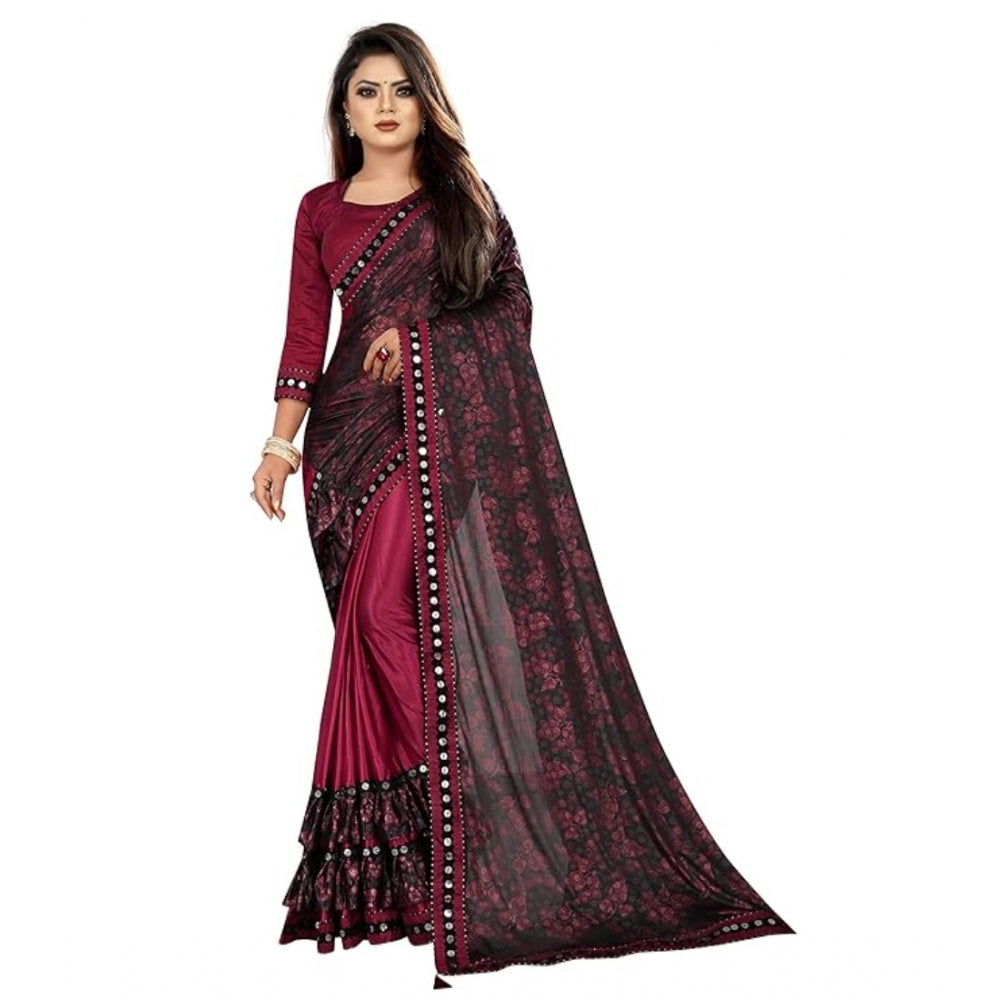 Amfyn Women's Lycra Solid Saree With Unstitched Blouse (Maroon, 5.5 Mtr)