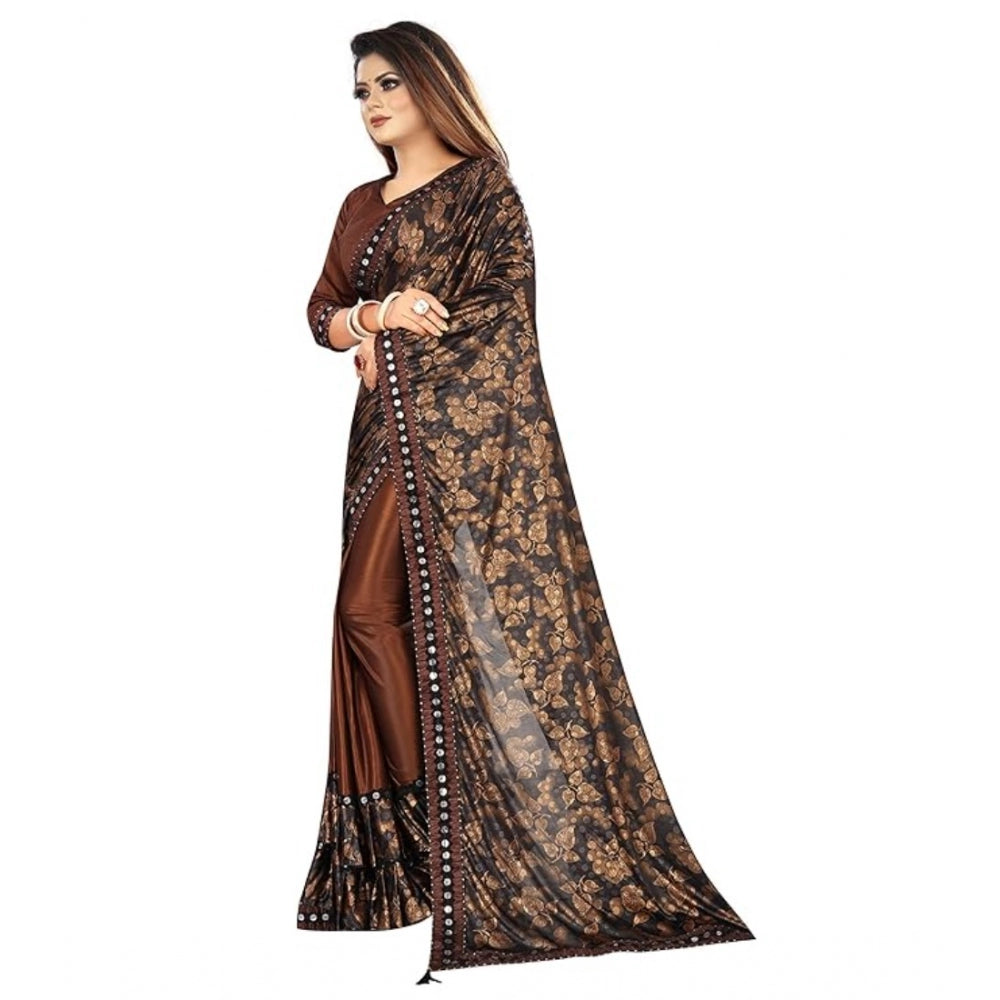 Amfyn Women's Lycra Solid Saree With Unstitched Blouse (Brown, 5.5 Mtr)