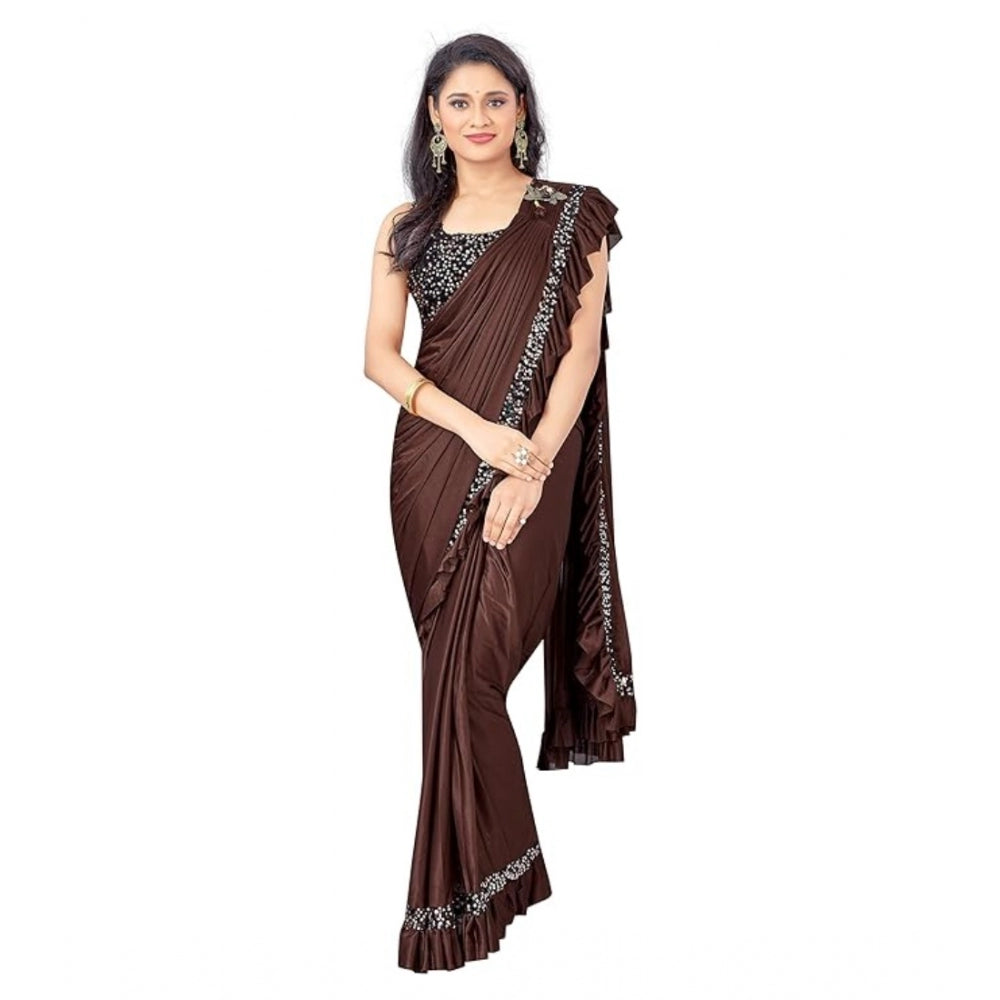 Amfyn Women's Lycra Solid Saree With Unstitched Blouse (Brown, 5.5 Mtr)