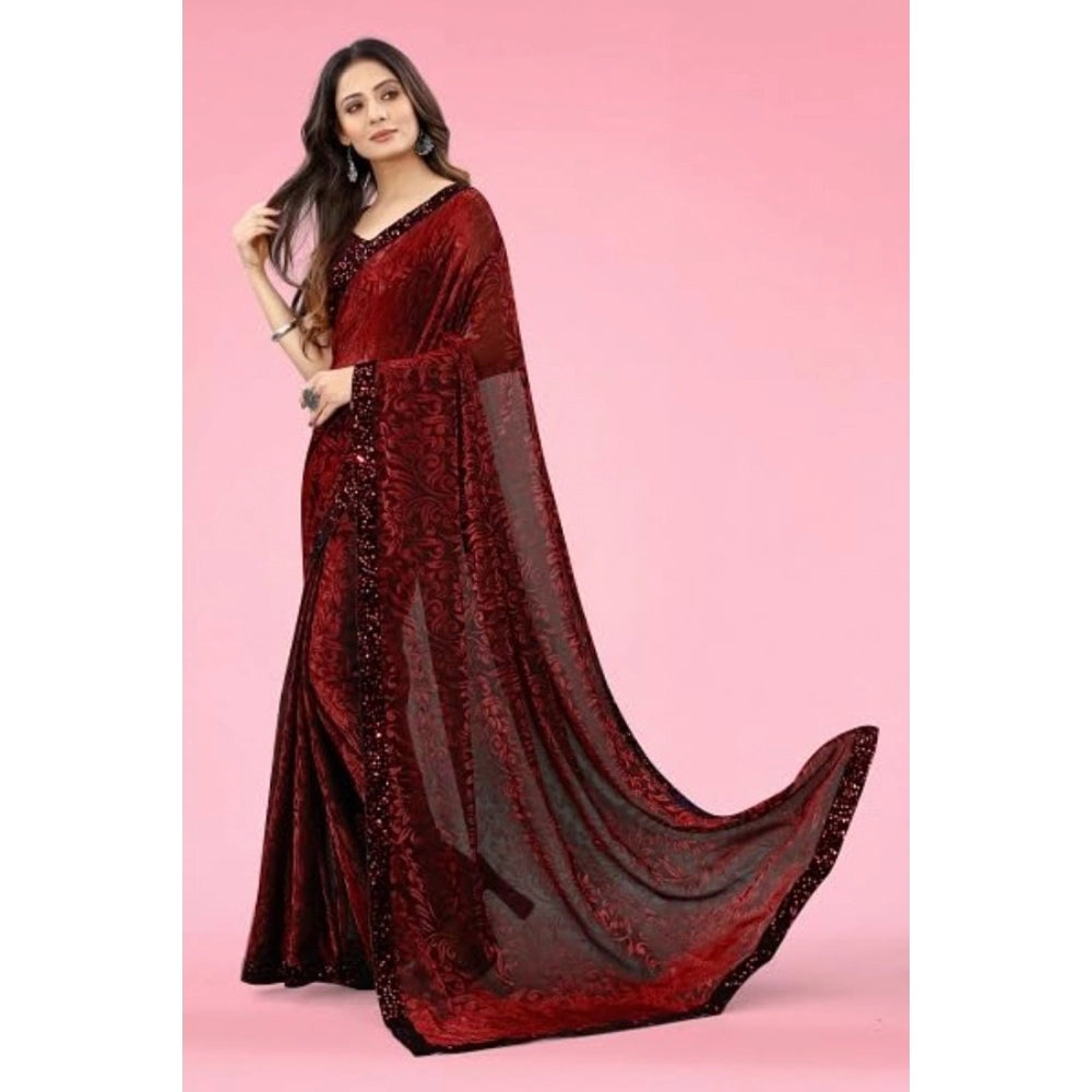 Amfyn Women's Lycra Floral Saree With Unstitched Blouse (Maroon, 5.5 Mtr)