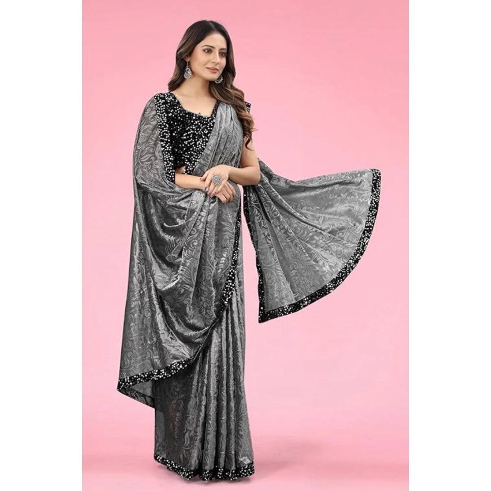 Amfyn Women's Lycra Floral Saree With Unstitched Blouse (Grey, 5.5 Mtr)