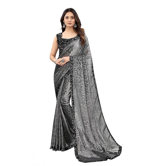 Amfyn Women's Lycra Floral Saree With Unstitched Blouse (Grey, 5.5 Mtr)