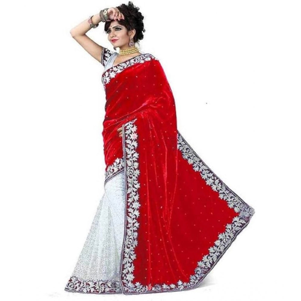 Amfyn Women's Velvet Embroidered Saree With Unstitched Blouse (Red, 5.5 Mtr)