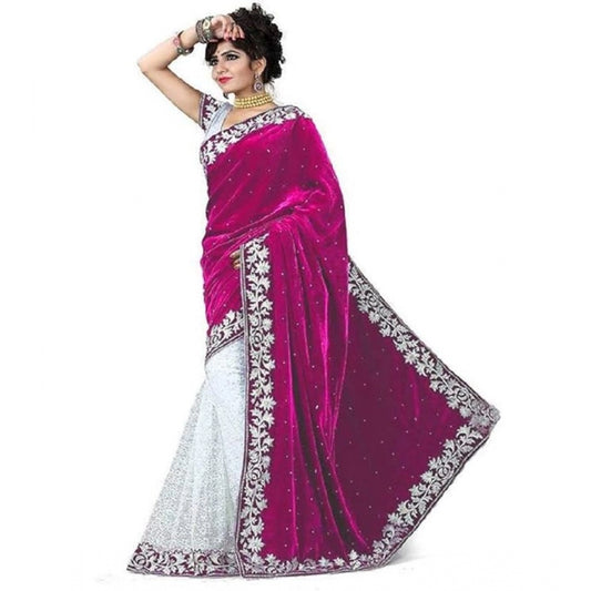 Amfyn Women's Velvet Embroidered Saree With Unstitched Blouse (Pink, 5.5 Mtr)