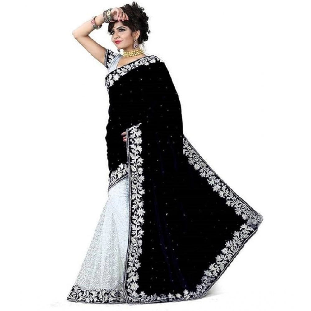 Amfyn Women's Velvet Embroidered Saree With Unstitched Blouse (Black, 5.5 Mtr)