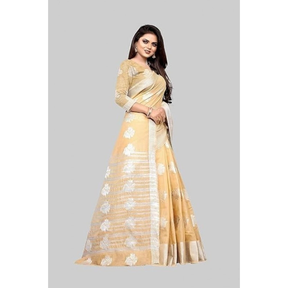 Amfyn Women's Cotton Silk Floral Saree With Unstitched Blouse (Beige, 5.5 Mtr)