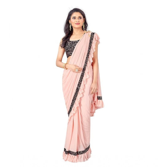 Amfyn Women's Lycra Solid Saree With Unstitched Blouse (Peach, 5.5 Mtr)