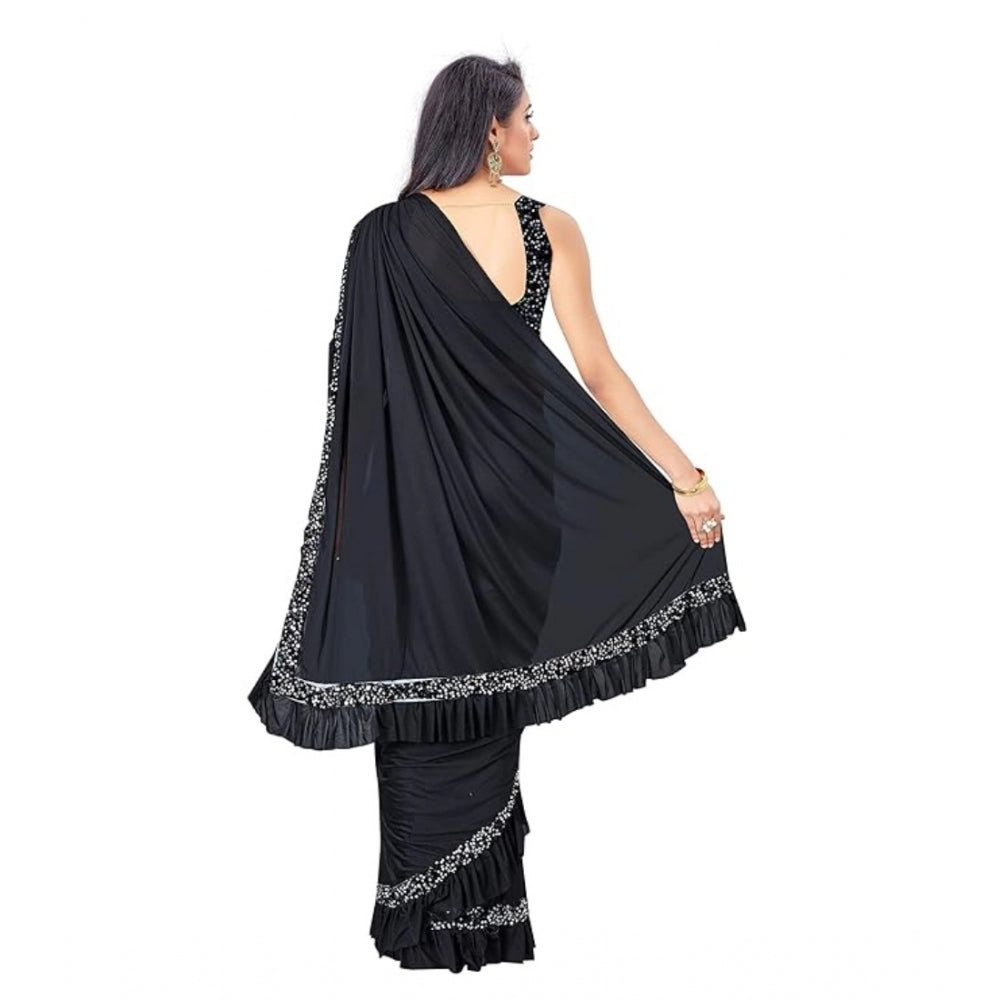 Amfyn Women's Lycra Solid Saree With Unstitched Blouse (Black, 5.5 Mtr)