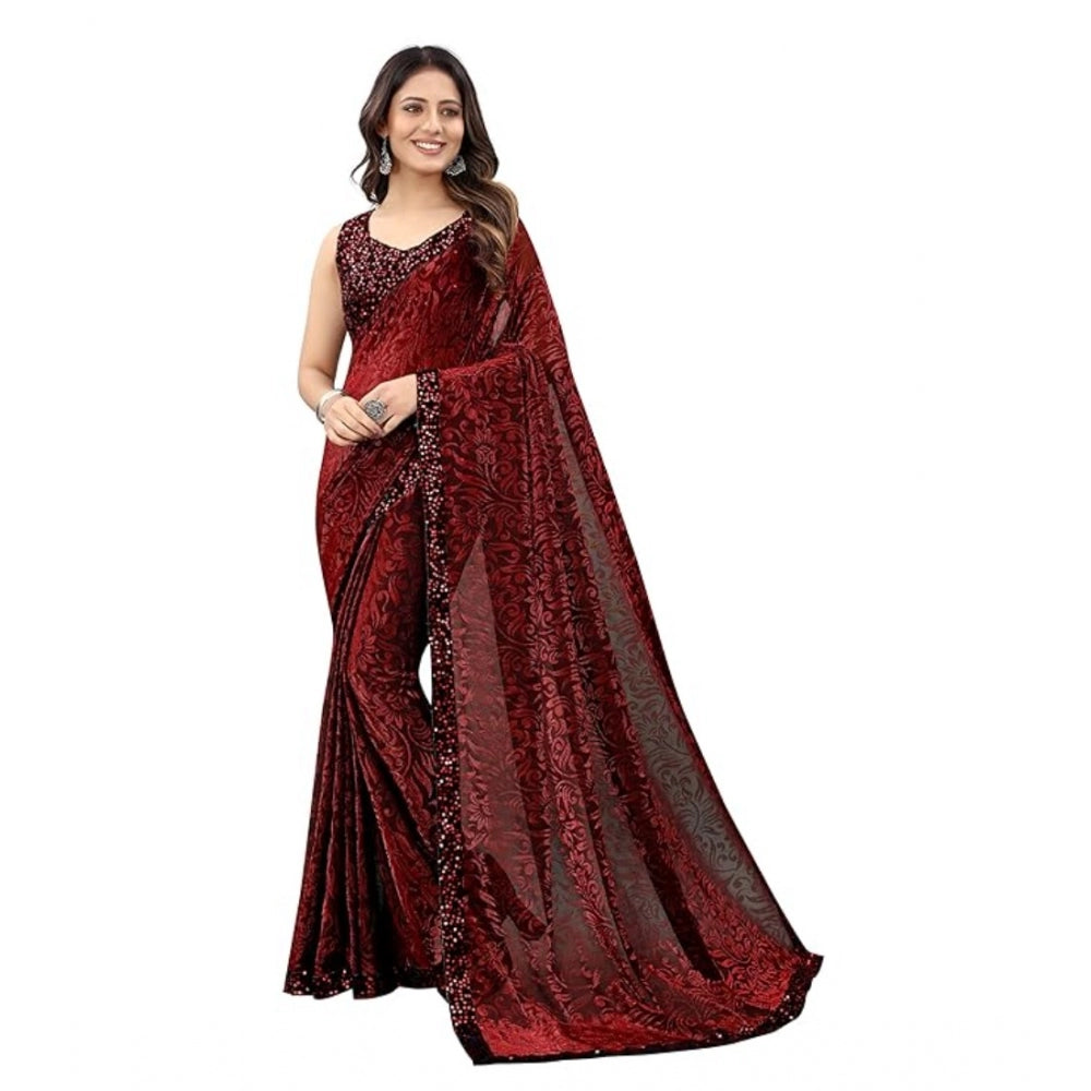 Amfyn Women's Lycra Floral Saree With Unstitched Blouse (Maroon, 5.5 Mtr)