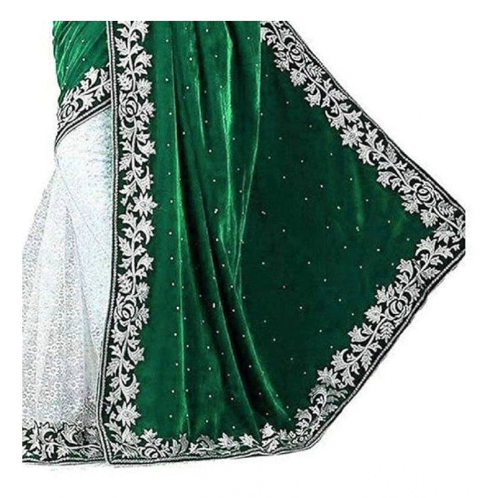 Amfyn Women's Velvet Embroidered Saree With Unstitched Blouse (Green, 5.5 Mtr)