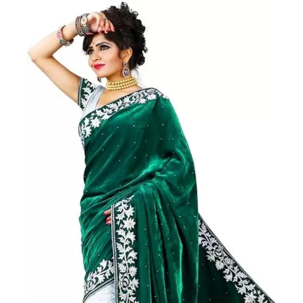 Amfyn Women's Velvet Embroidered Saree With Unstitched Blouse (Green, 5.5 Mtr)